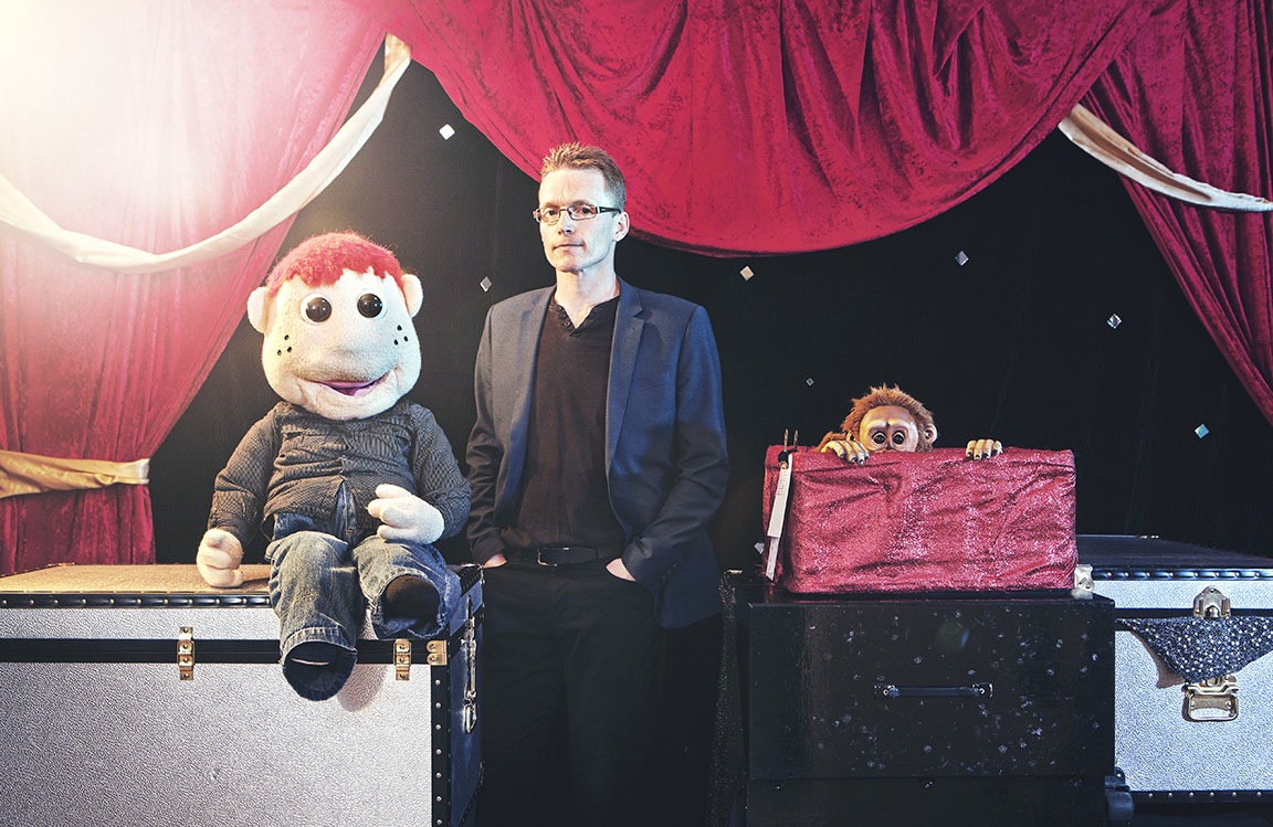 Karl Jeffery, the cartoonist & illustrator at a performing as a ventriloquist at his award winning show in 2017